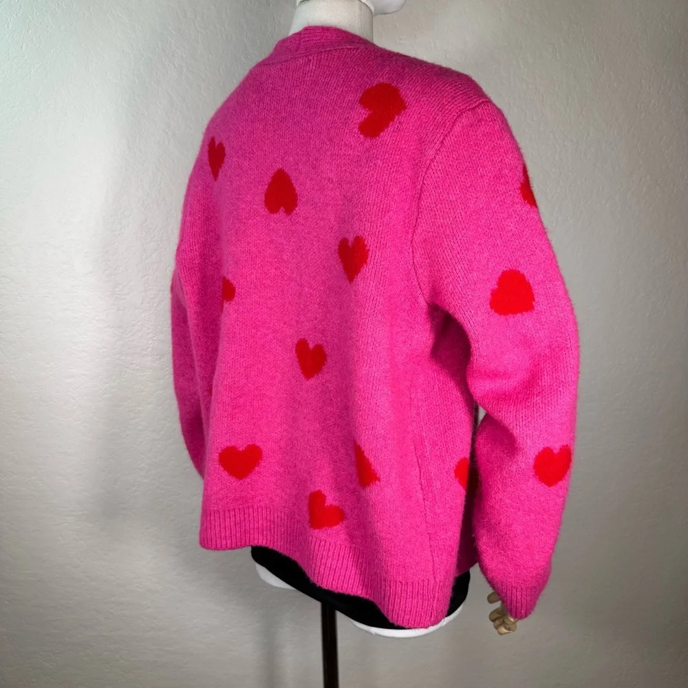 CeCe V-Neck Heart Jacquard Button Up Cardigan Sweater Size Large